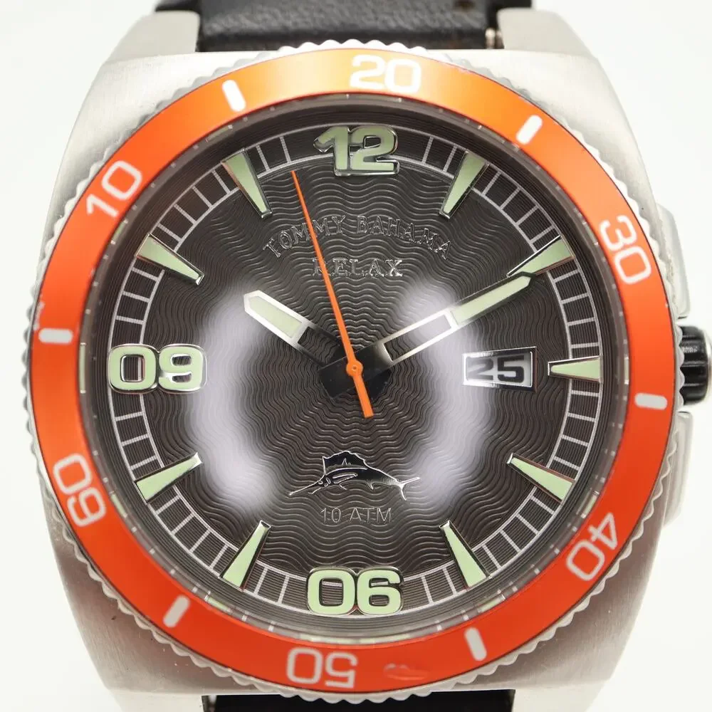 Tommy Bahama Relax Diver 41mm Watch Date Black Leather Silver Orange New Battery